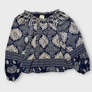 Misa Off‎ The Shoulder Floral Blouse Size Small Navy Blue Balloon Sleeves Flowy